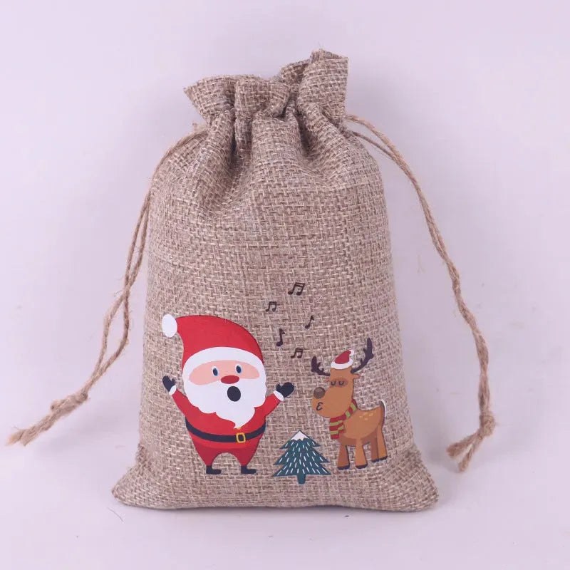 Christmas Pattern Coarse Linen Not Drawstring Pull String Drawstring Sack - Bellarte Enchanté Christmas Pattern Coarse Linen Not Drawstring Pull String Drawstring Sack